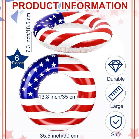 Elcoho Inflatable USA Pool Float Tube USA Flag Swimming Rings Filled with Sparkle Silver Stars Confetti 36 Inches Patriotic Toys Pool Float for Independence Day, Memorial Day, Veterans Day in Kuwait