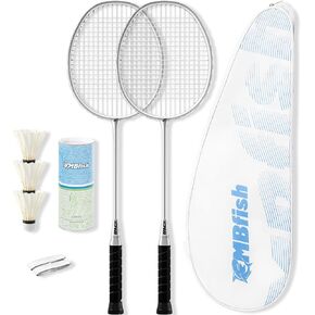 MBFISH Badminton Racket Set with 2 Carbon Fiber Rackets, 3 Shuttlecocks, 2 Racket Grip Tapes and 1 Badminton Bag - Perfect for Beginners & Outdoor Games Silver