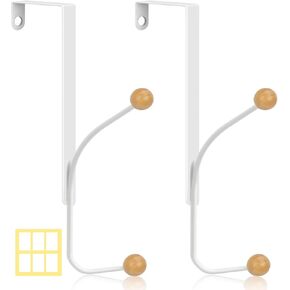 2 Pack Over The Door Hooks Hanger, Heavy-Duty Steel Double Hooks with Wooden Accents, No Assembly Needed - 9.72IN for Hanging Towels, Coats, Fits Doors Up to 1-3/4 Inch Thick, White