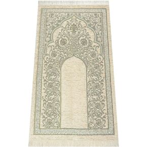 Muslim Prayer Rug with Prayer Beads | Janamaz | Sajadah | Soft Islamic Prayer Rug with New Mihrab Design | Islamic Gifts | Prayer Carpet Mat, Chenille Fabric, Cream