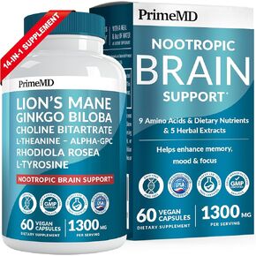 PrimeMD 14-in-1 Lions Mane Supplement Capsules - Nootropic Brain Supplement with Ginkgo Biloba for Memory and Focus - Alpha GPC, L Theanine and Choline Supplements with 1300mg Per Serving