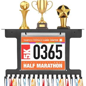 Marathon Running Bib Holder and Medal Hanger Display, Black Race Bid Holder and Medal Display with 16 Hooks and 10 Plastic Boards for Gymnastics, Race, Soccer, Swim and Running in Kuwait