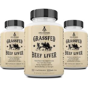 Ancestral Supplements Grass Fed Beef Liver Capsules, Supports Energy Production, Cleansing, Digestion, Immunity and Body Wellness, Non GMO, Freeze Dried Liver Support, 180 Capsules Bottle (3 Pack)