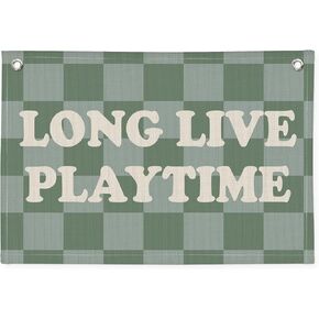 Long Live Playtime Banner, Boy Nursery Decor, Sage Green Blue Canvas Banner Wall Hanging Banner Flag Decor for Nursery Playroom Toddler Room, Boys Kids Room Decor
