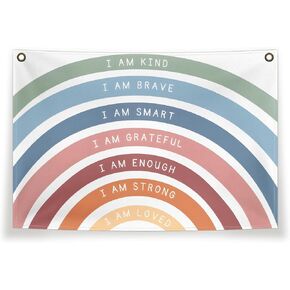 Positive Affirmations Wall Decor Classroom - I Am Kind I Am Brave I Am Smart Canvas Banner,Colorful Rainbow Canvas Hanging Banner Decor For Classroom Nursery Kids Room Bedroom Decor,20×30 Inches