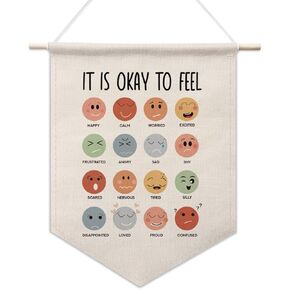 It Is Okay To Feel Pennant Banner, Feelings Decor, Therapy Decor, School Counseling Room Decor, Canvas Hanging Pennant Flag, Feelings Learning Poster, Wall Decor Art, Calm Down Corner Decor
