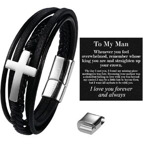 Rofusn Mens Cross Leather Bracelet-Braided Rope Woven Wrap Cuff-Stainless Steel Biker Chain Wristband Jewelry Gifts To My Son