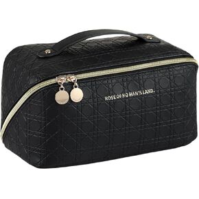 HMBMO Travel Makeup Bag 1 pcs Argyle khaki Travel cosmetic bag Portable Makeup storage Bag Travel toiletry Bag Travel essentials Large capacity double zipper design stripe cosmetics case