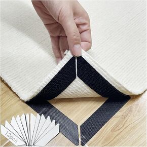 12 Pcs Non-Slip Rug Gripper Pads Reusable Hook and Loop Adhesive Tape for Wood Floors to Keep Rugs in Place Washable Rug Grip