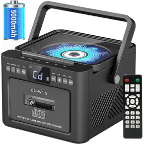 Sunoony Boombox Cassette CD Player Combo with Bluetooth, FM, Remote Control, Tape Recording, AUX/TF/USB Drive, Rechargeable CD Player with Stereo Sound & Headphone Jack, LED Display for Home,Kids,Gift