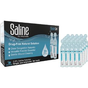 20ct Saline Solution Ampoule (5ml) 0.9% NaCl | Moisturize Sinuses | Refill Nebulizer | Safe for Newborns to Adults | Normal (Isotonic) Saline | Drug Free | Preservative Free | (0.16 fl oz)