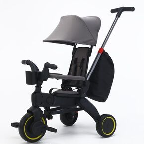 Baby Tricycle,5 in 1 Compact Folding Toddler Bike w/Removable Push Handle,Foldable Tricycle,Rotatable Seat,Canopy,Safety Harness,Storage Hanging Bag,Trike for 1-3 Year Old,Tricycle for Toddlers (Gray)