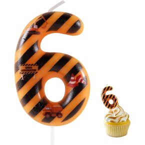 Construction 6th Birthday Candle, Yellow and Black Stripes Number 6 Cake Candle Birthday Cake Topper for Construction 6th Birthday Party Decorations