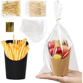 100 Pack 14 Oz Charcuterie Cups with 400 Cocktail Picks, Disposable Paper Snack Appetizer Cups with 100 Pack Portable Bags and Gold Twist Ties, for Home Kitchen, French Fry, Party Supplies