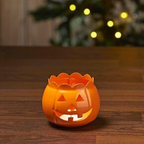 VHC Brands Metal Tealight Holder Jack-O-Lantern Orange 3x3.5x3.5, Kitchen Dining Table Candle Holder, Pumpkin Decor for Fall and Halloween