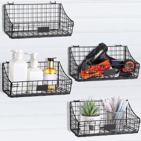 4 Pcs Slatwall Baskets with Hooks Wire Hanging Basket Black Wall Basket Storage Pegboard Shelf Slatwall Organizer Accessories Tools for Pantry Kitchen Garage Workbench