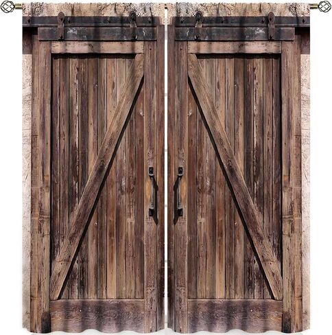 Rustic Wooden Barn Door Curtains for Bedroom Decor,Vintage Wooden Door Desgin Rural Art Architecture Print Window Drapes 2 Panel Set Thermal Insulated Tie Up Curtain 55x63in in Saudi Arabia