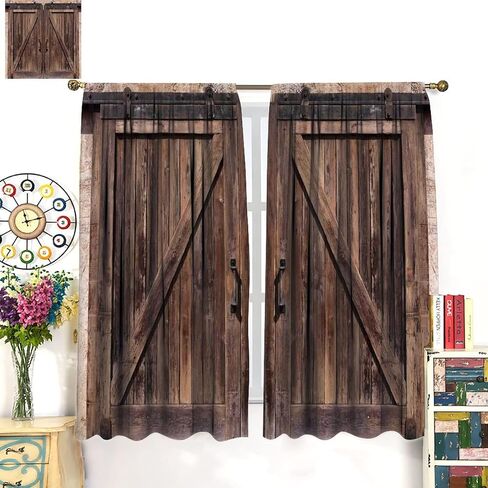Rustic Wooden Barn Door Curtains for Bedroom Decor,Vintage Wooden Door Desgin Rural Art Architecture Print Window Drapes 2 Panel Set Thermal Insulated Tie Up Curtain 55x63in in Saudi Arabia