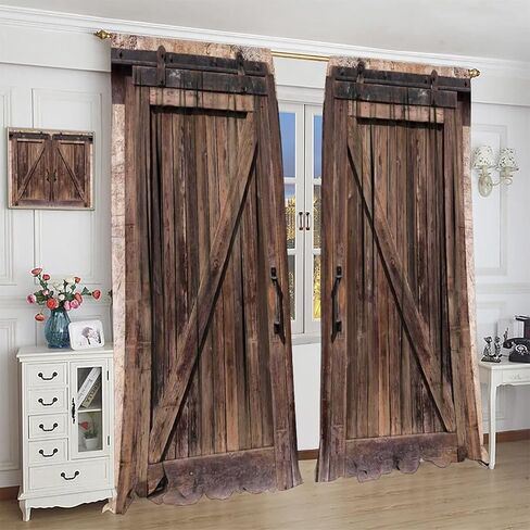 Rustic Wooden Barn Door Curtains for Bedroom Decor,Vintage Wooden Door Desgin Rural Art Architecture Print Window Drapes 2 Panel Set Thermal Insulated Tie Up Curtain 55x63in in Saudi Arabia