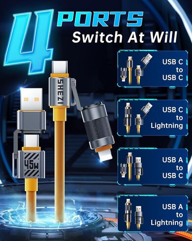 كابل USB C 4 في 1 بقوة 100 واط [سلسلة SHEZI] سلك شاحن iPhone iPad من السيليكون السميك [شحن سريع ومزامنة البيانات] [CarPlay & Android Auto]، كابل شحن متعدد مع منفذ Lightning/Type C/USB A بطول 5 أقدام in Kuwait
