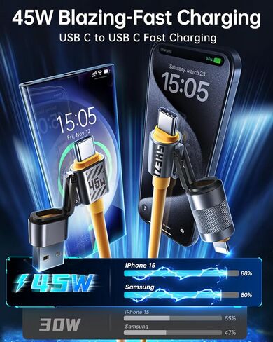 كابل USB C 4 في 1 بقوة 100 واط [سلسلة SHEZI] سلك شاحن iPhone iPad من السيليكون السميك [شحن سريع ومزامنة البيانات] [CarPlay & Android Auto]، كابل شحن متعدد مع منفذ Lightning/Type C/USB A بطول 5 أقدام in Kuwait