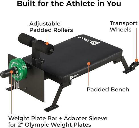 Lifepro Nordic Curl Workout Bench - Home Gym Hamstring Curl Machine & Glute Bench with Transport Wheels - Works with 1" & 2" Olympic Weight Plates - Durable Padding, Construction in Saudi Arabia