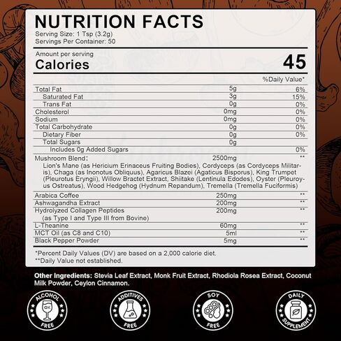 مسحوق قهوة الفطر، 10 مزيج من الفطر - عرف الأسد، تشاجا، كورديسيبس، مكملات الدماغ مع القهوة العربية، أشواغاندا، إل-ثيانين للطاقة والتركيز والذاكرة والمناعة، 50 حصة in Kuwait