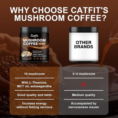 مسحوق قهوة الفطر، 10 مزيج من الفطر - عرف الأسد، تشاجا، كورديسيبس، مكملات الدماغ مع القهوة العربية، أشواغاندا، إل-ثيانين للطاقة والتركيز والذاكرة والمناعة، 50 حصة in Kuwait