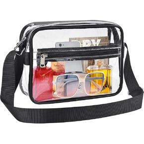 Clear Crossbody Messenger Shoulder Bag Stadium Approved for Women and Men, Clear Purse for Work Travel Concert and Sport Events-Black
