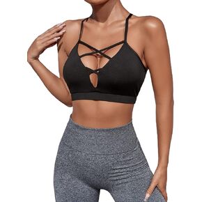 Milumia Women Criss Cross Low Cut Sports Bra Contrast Fishnet Padded Workout Bras