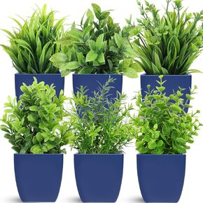 LELEE Artificial Plants Mini Fake Potted Plants, 6 pcs Small Eucalyptus Potted Faux Decorative Grass Plant with Blue Pot for Home Decor, Indoor, Office, Desk, Shelf, Table Decoration