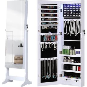 GISSAR Jewelry Organizer Full Length Mirror Jewelry Cabinet Standing/Wall Mounted Jewelry Armoire Storage with Lights Lockable, Vintage Brown