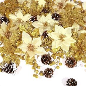 56 Pcs 4 Styles Poinsettias Artificial Christmas Flowers,Glitter Berries Stems Ornaments Tree with Pine Cones & Stems for Xmas Wedding DIY Wreath Floral Party Holiday Home Decorations (White)