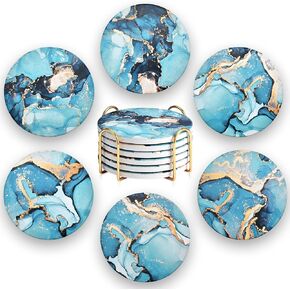 CoColemon Navy Blue Thirstystone Coasters for Drinks, Marble Abstract Ceramic Coasters with Holder, Round Coffee Table Decor, Stone Coaster Set of 6 (