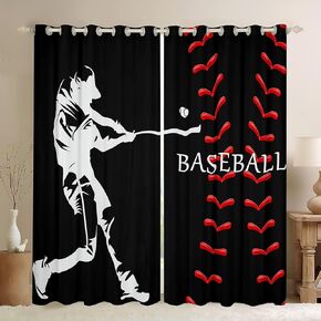 Boys Baseball Curtains for Bedroom Kids Sports Game Window Drapes Teens Baseball Gaming Window Curtains Girls Men Ball Player Window Treatments, Red Black White Room Decor 42x84 Inches,2 Panels