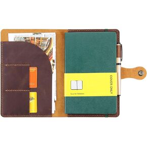 غطاء مجلة مصنوع يدويًا بغلاف صلب من Moleskine مقاس كبير 5 بوصة × 8.25 بوصة، غطاء جلدي عتيق مع حامل قلم وإغلاق سريع لدفاتر الملاحظات ذات الغلاف الصلب - القهوة