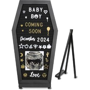 Coffin Letter Board Black Spooky, with 800 Characters and Wooden Stand, Changeable Felt Message Board, Witchy Gothic Halloween Decor Gifts Decorations for Home, Office, Bistro and School, 16x9