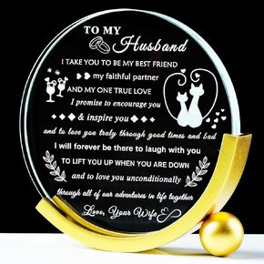 YWHL Gifts for Husband from Wife with Colorful LED Base Anniversary Birthday Gifts for Husband to My Husband Crystal Heart Keepsake I Love You Gifts for Him on Valentine's Day Christmas Fathers Day