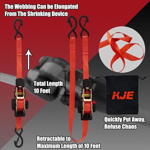 4 قطع من أشرطة ربط السقاطة القابلة للسحب من KJE، مقاس 2.54 سم × 25.4 سم - قوة كسر قصوى تبلغ 1.410 رطل، حزام سقاطة قابل للسحب ذاتيًا - خطاف على شكل حرف S مع مشبك، للدراجات النارية، قوارب الكاياك، مركبات الدفع الرباعي، القوارب in Kuwait
