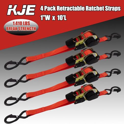 4 قطع من أشرطة ربط السقاطة القابلة للسحب من KJE، مقاس 2.54 سم × 25.4 سم - قوة كسر قصوى تبلغ 1.410 رطل، حزام سقاطة قابل للسحب ذاتيًا - خطاف على شكل حرف S مع مشبك، للدراجات النارية، قوارب الكاياك، مركبات الدفع الرباعي، القوارب in Kuwait
