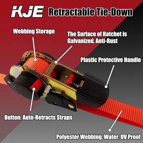4 قطع من أشرطة ربط السقاطة القابلة للسحب من KJE، مقاس 2.54 سم × 25.4 سم - قوة كسر قصوى تبلغ 1.410 رطل، حزام سقاطة قابل للسحب ذاتيًا - خطاف على شكل حرف S مع مشبك، للدراجات النارية، قوارب الكاياك، مركبات الدفع الرباعي، القوارب in Kuwait