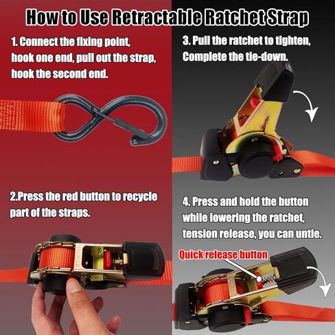 4 قطع من أشرطة ربط السقاطة القابلة للسحب من KJE، مقاس 2.54 سم × 25.4 سم - قوة كسر قصوى تبلغ 1.410 رطل، حزام سقاطة قابل للسحب ذاتيًا - خطاف على شكل حرف S مع مشبك، للدراجات النارية، قوارب الكاياك، مركبات الدفع الرباعي، القوارب in Kuwait