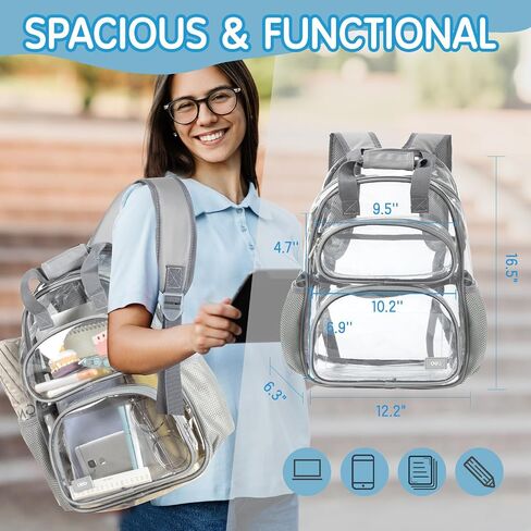 deli Clear Backpack for School, Heavy Duty PVC Transparent Bookbag for Boys and Girls, See Through Backpack for College Work Travel, Grey in Saudi Arabia