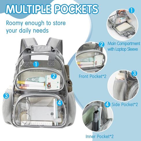 deli Clear Backpack for School, Heavy Duty PVC Transparent Bookbag for Boys and Girls, See Through Backpack for College Work Travel, Grey in Saudi Arabia