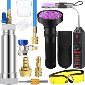 AC Leak Detector Kit, Oil UV Dye Leak Detector with Low Side Quick Coupler, Mini Split Adapter Protective Glasses Flashlight Compatible with R134a R22 R12 R410 R1234yf Refrigerant System