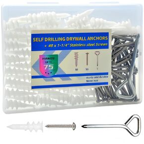 Self Drilling Drywall Anchors with 304 Stainless Steel Screws 100 Set, Heavy Duty, Rustproof, and Easy to Install,50 Plastic Anchors + 50#8 x 1-1/4'' 18-8 Stainless Steel Screws,75LB Hanging