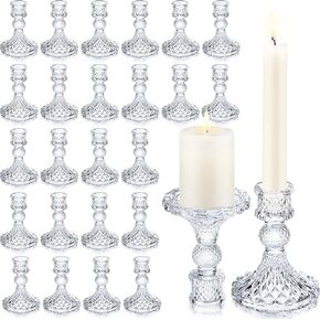 24 Pcs Clear Taper Candle Holders 4'' Tall Glass Candle Holder Bulk Candlestick Holders Crystal Decorative Candle Stand Wedding Candle Stick Holder for Anniversary Party Dining Table Festival Decor