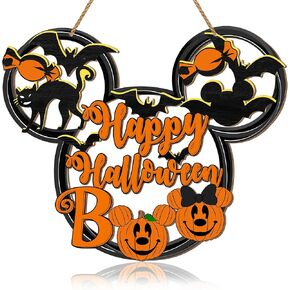 Halloween Mouse Shaped Door Sign Decorations, Black Cat Bat Pumpkin BOO Wooden Signs, Hollow Out Spooky Happy Halloween Front Door Hanger Wreath Yard Wall Home Decor for Halloween Party