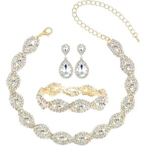 Miraculous Garden Silver/Gold Plating Wedding Bridal Crystal Tiara Crown Teardrop Statement Necklace Link Bracelet Dangle Earrings Rhinestone Handbag Jewelry Set for Women Girls