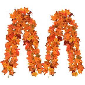 Fall Maple Leaves Garland, 5.7Ft/Piece Artificial Maple Leaf Autumn Garland Fake Fall Leaves Hanging Vines Table Fireplace Front Door Fall Decor Thanksgiving Outside Indoor Decor (2pcs A)